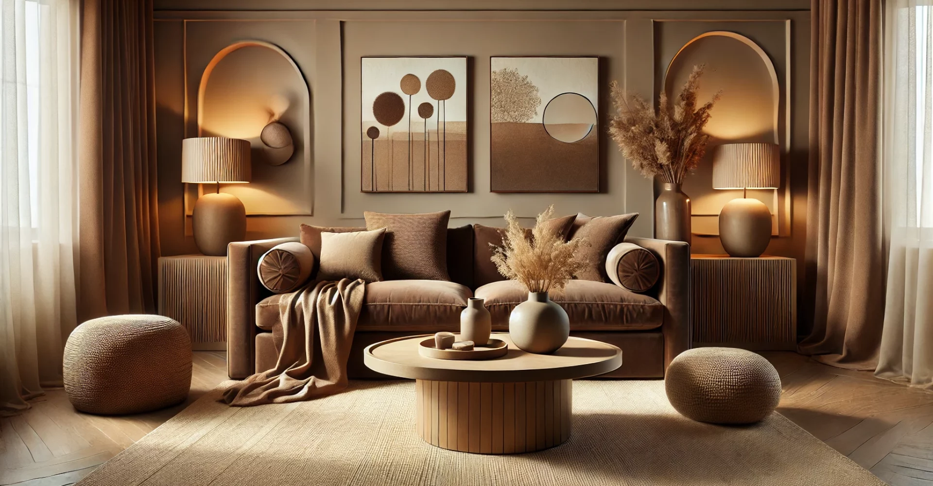 DALL·E 2025-01-30 09.42.15 - A cozy and elegant Mocha Mousse-style living room featuring warm coffee-inspired tones, soft organic shapes, and natural textures. The space includes